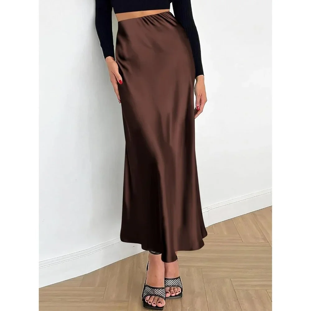 Women Deep Brown Maxi Dressy Casual Zipped High Waisted Silk Elegant Long Skirt - Picture 4 of 7